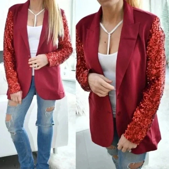 Burgundy Sequin Sleeved Blazer - Picture 4 of 5